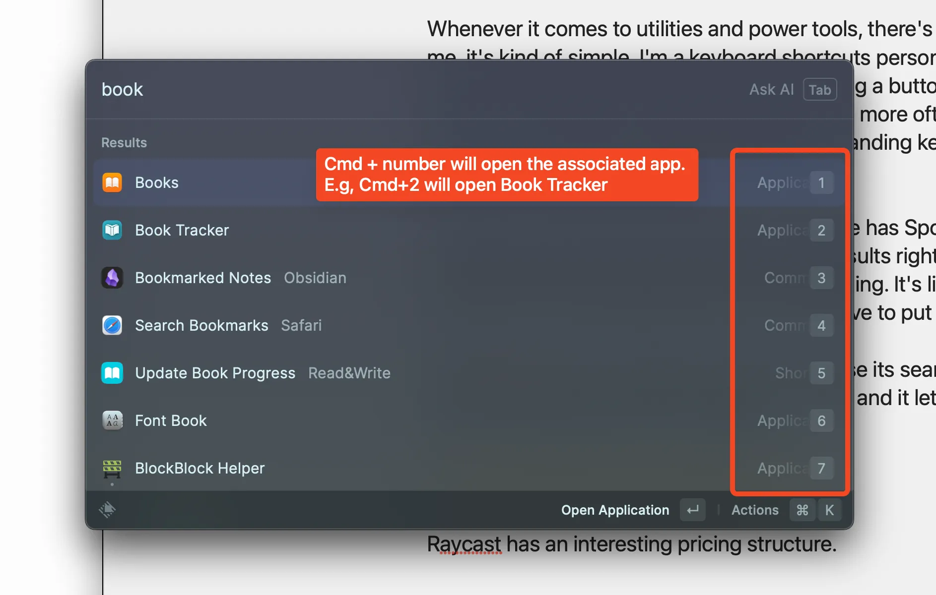 Raycast Cmd selection numbers