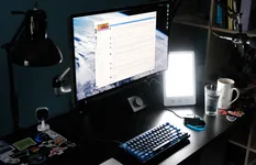 My computer desk with MacBook Pro and Apple Studio Display