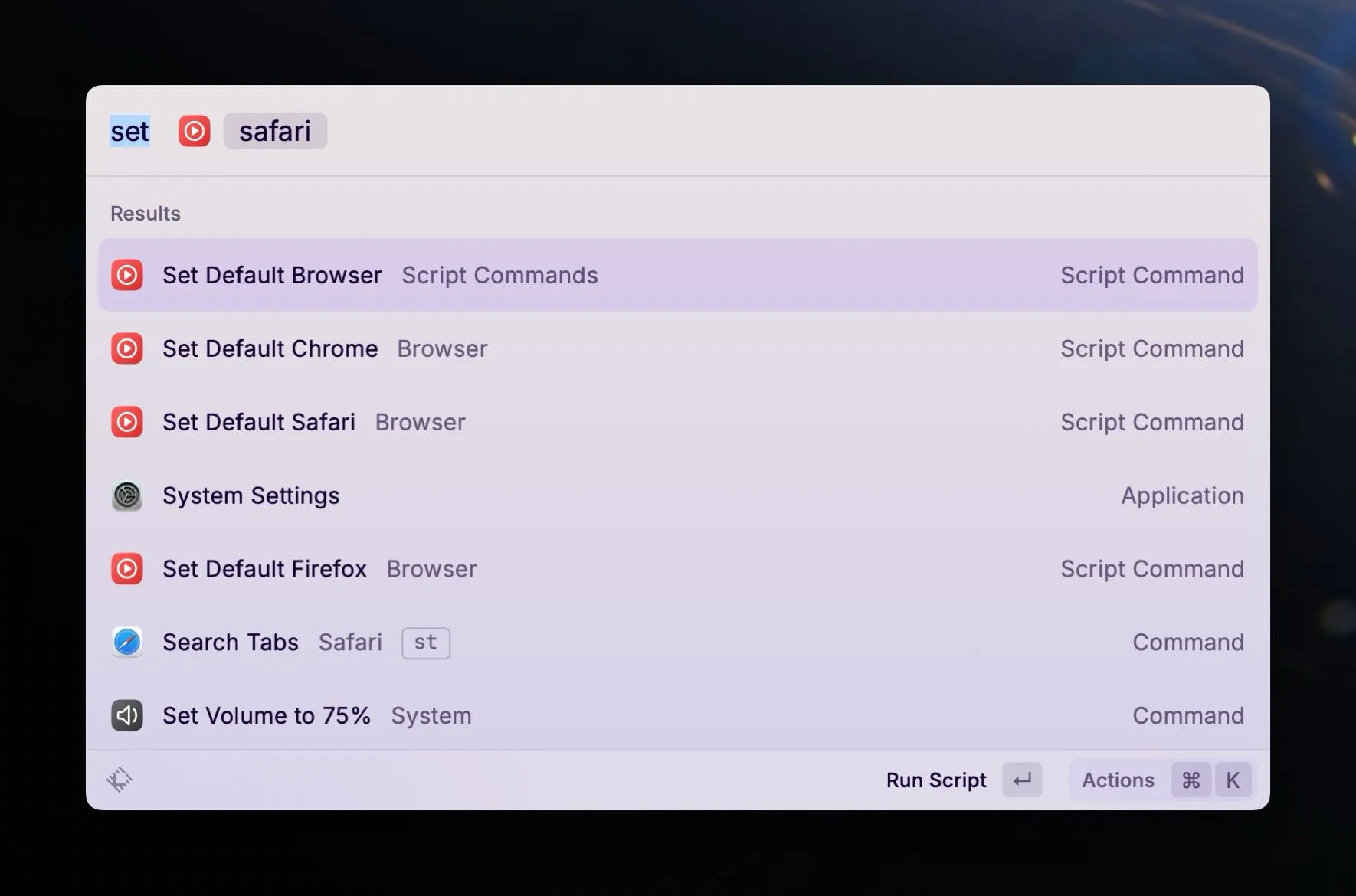 Parameterized default browser script command