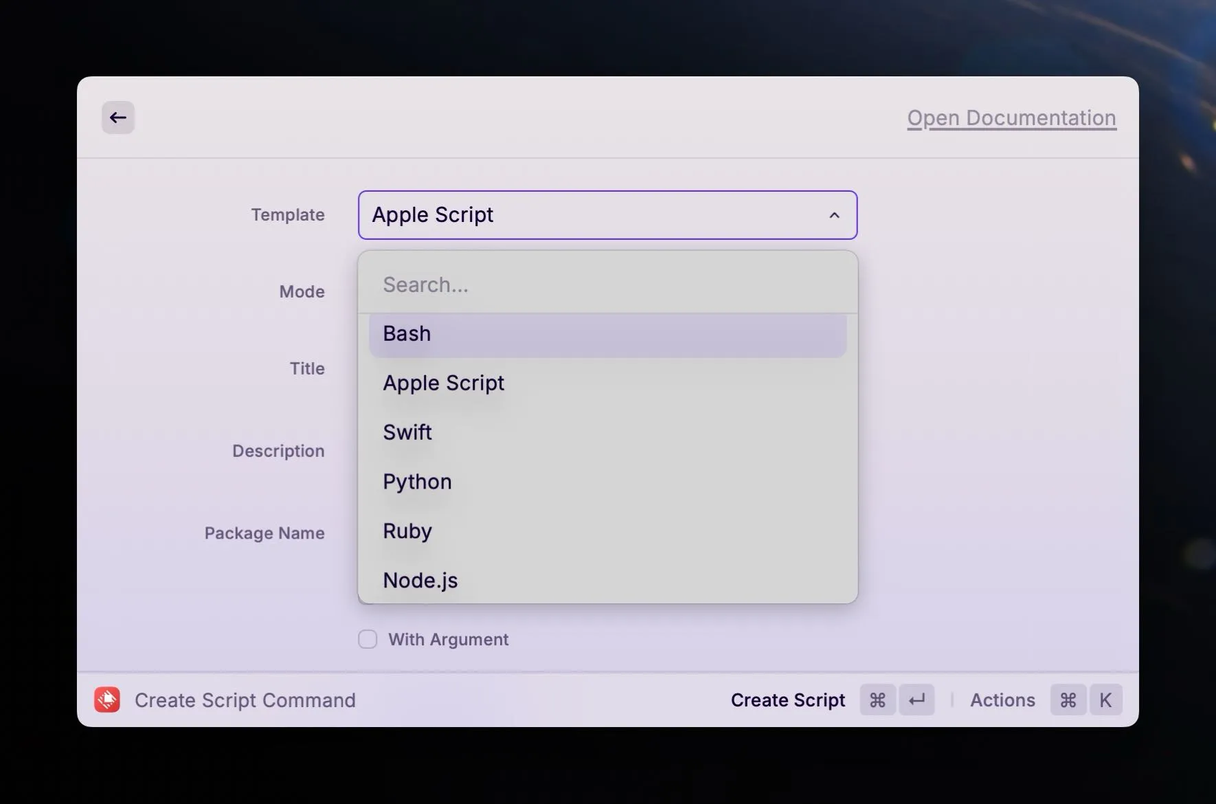Raycast Create Script Command menu