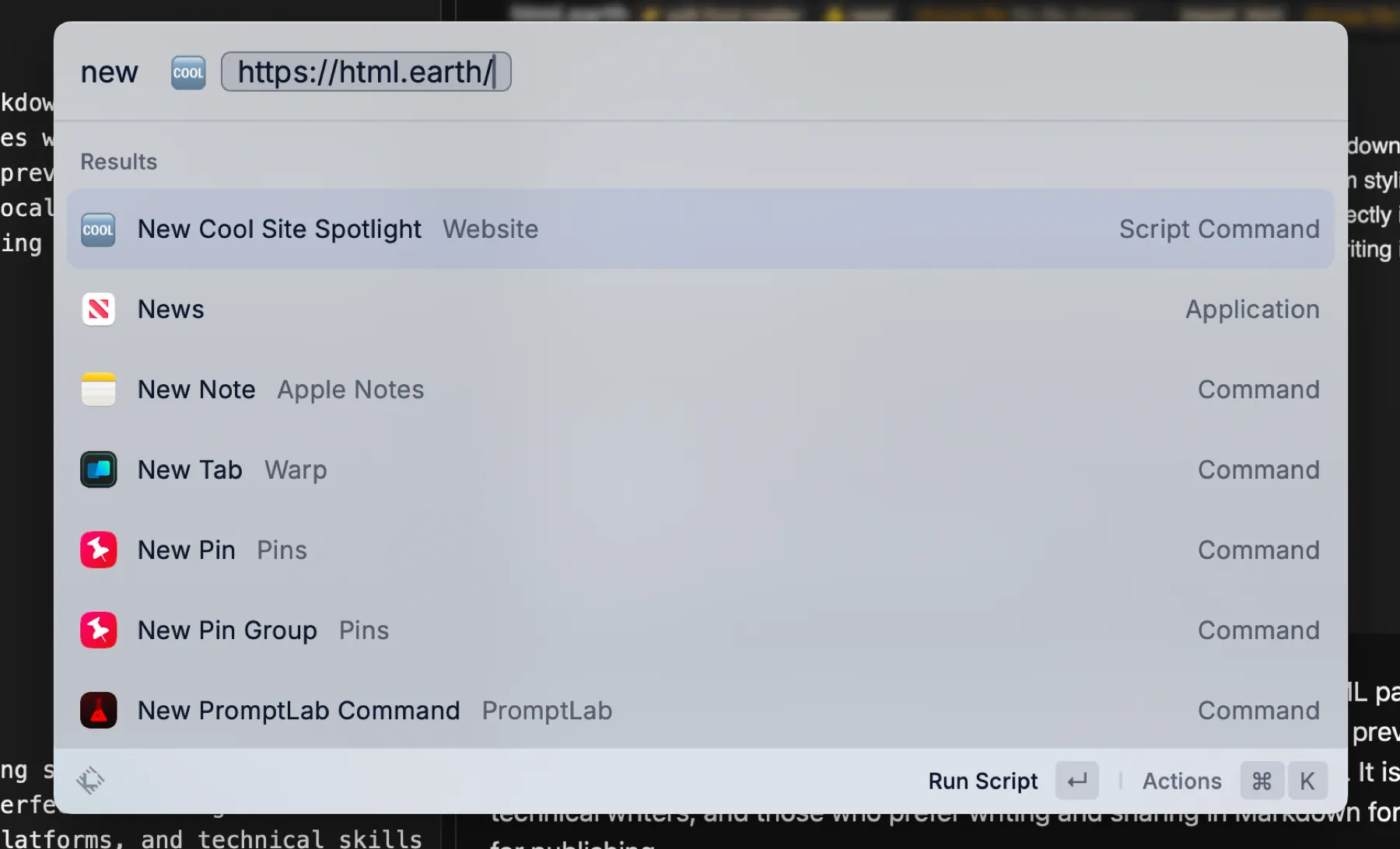 Raycast New Cool Site Spotlight Script Command