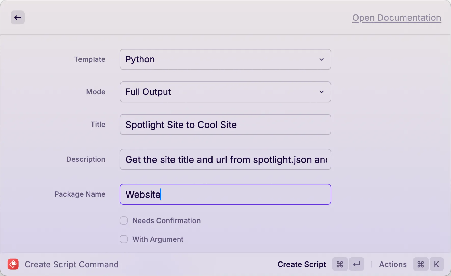 Creating the Spotlight Site to Cool Site script command