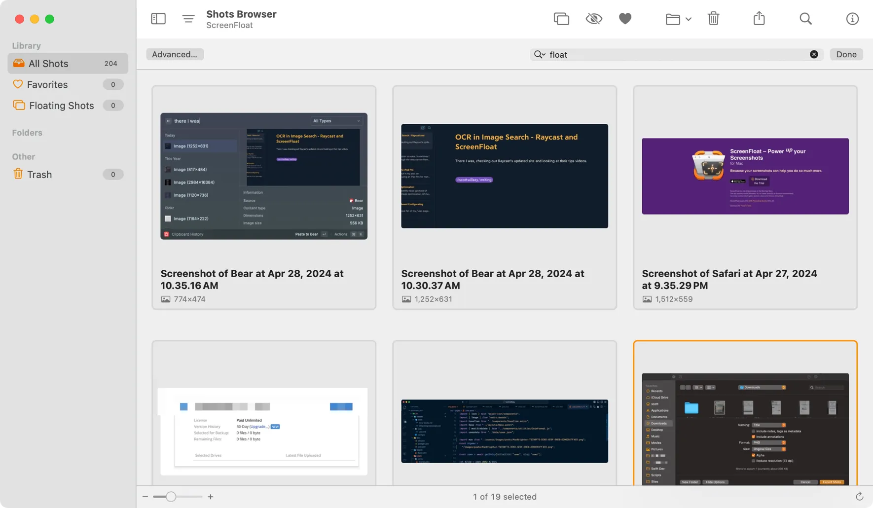 ScreenFloat Shots Browser Text Search