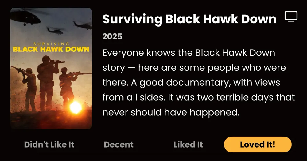 Surviving Black Hawk Down Everyone knows the Black Hawk Down story - here are some people who were there. A good documentary, with views from all sides. It was two terrible days that never should have happened. Loved It!