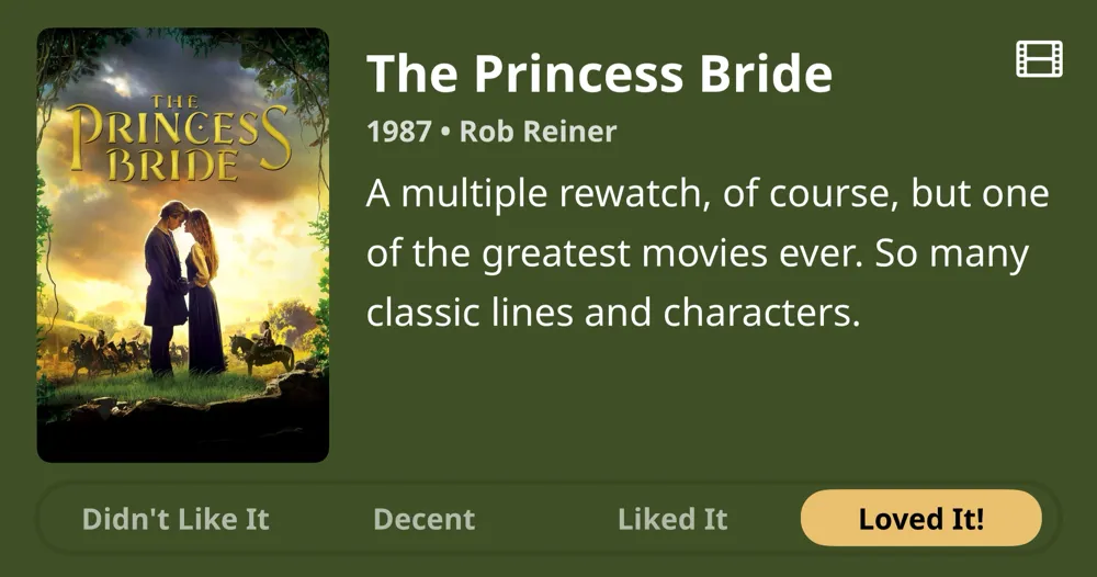 The Princess Bride 1987 • Rob Reiner • A multiple rewatch, of course, but one of the greatest movies ever. So many classic lines and characters. • Loved It!
