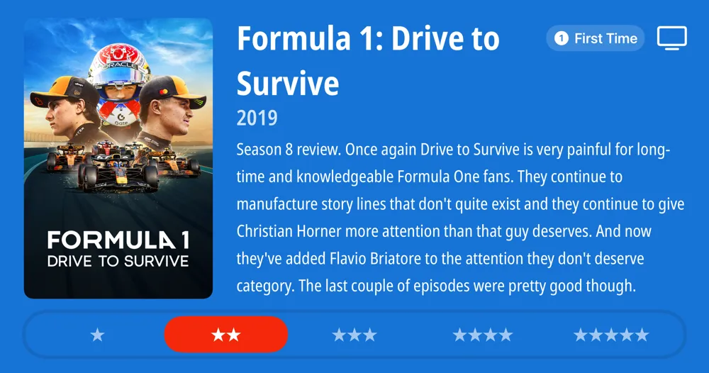Formula 1: Drive to Survive • Season 8 review. Once again Drive to Survive is very painful for long- time and knowledgeable Formula One fans. They continue to manufacture story lines that don't quite exist and they continue to give Christian Horner more attention than that guy deserves. And now they've added Flavio Briatore to the attention they don't deserve category. The last couple of episodes were pretty good though. **