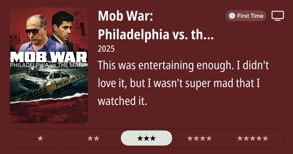 Mob War: First Time Philadelphia vs. the Mafia • 2025 • This was entertaining enough. I didn't love it, but I wasn't super mad that I watched it. ***