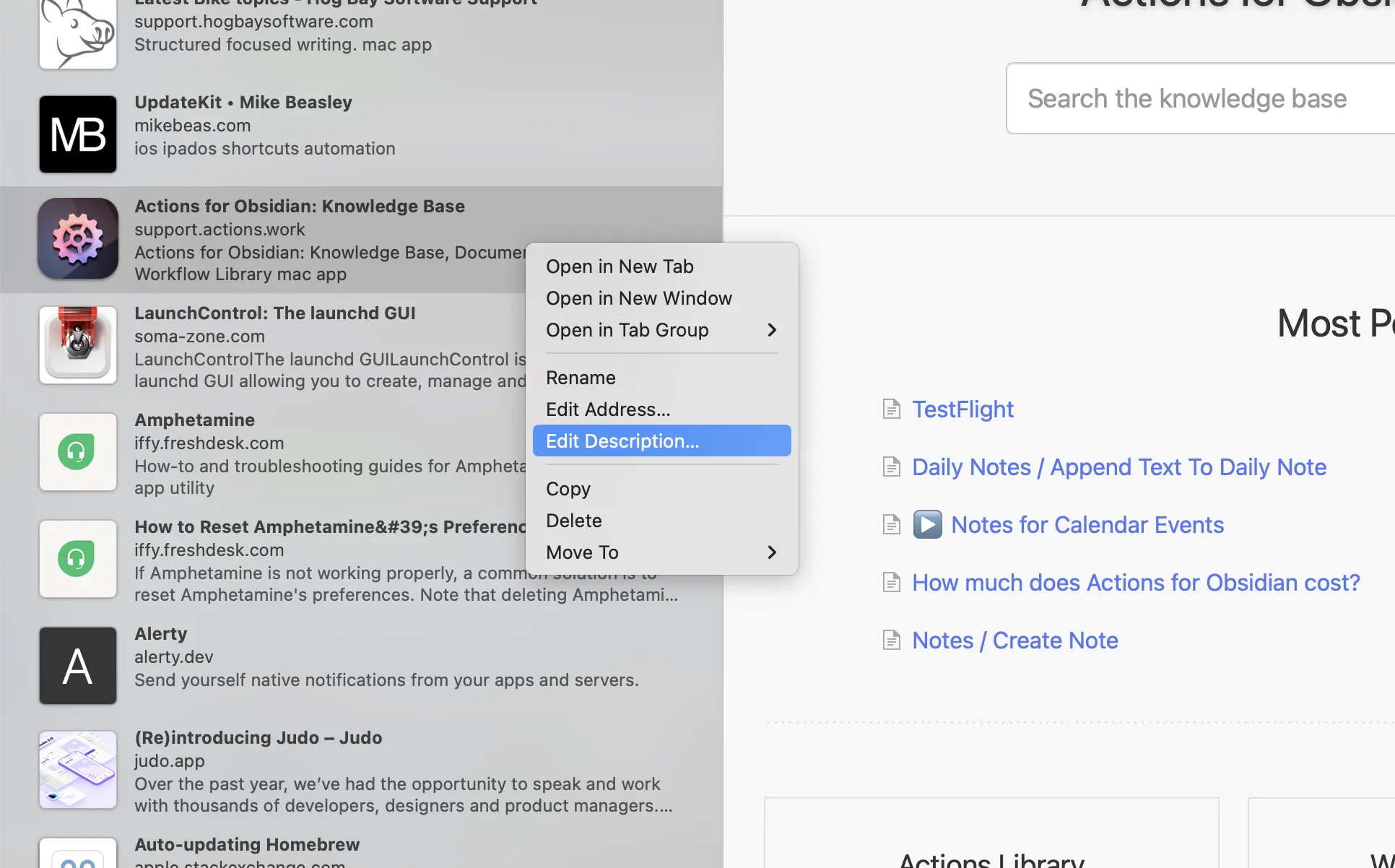 Bookmark Edit Menu