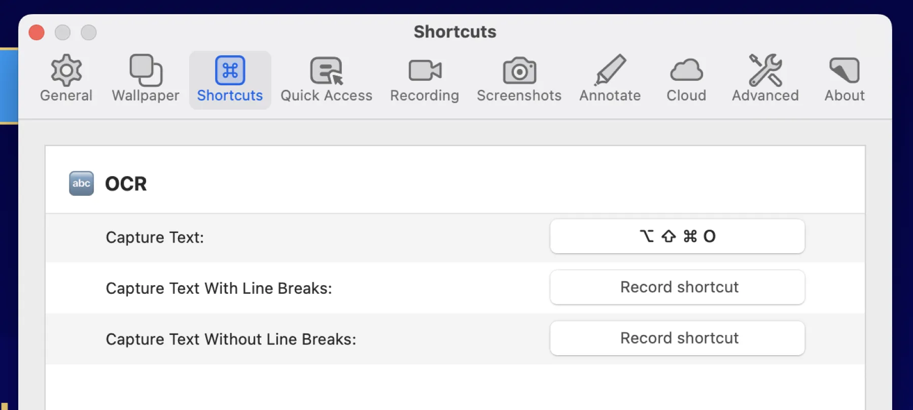 CleanShot X OCR Keyboard Shortcuts