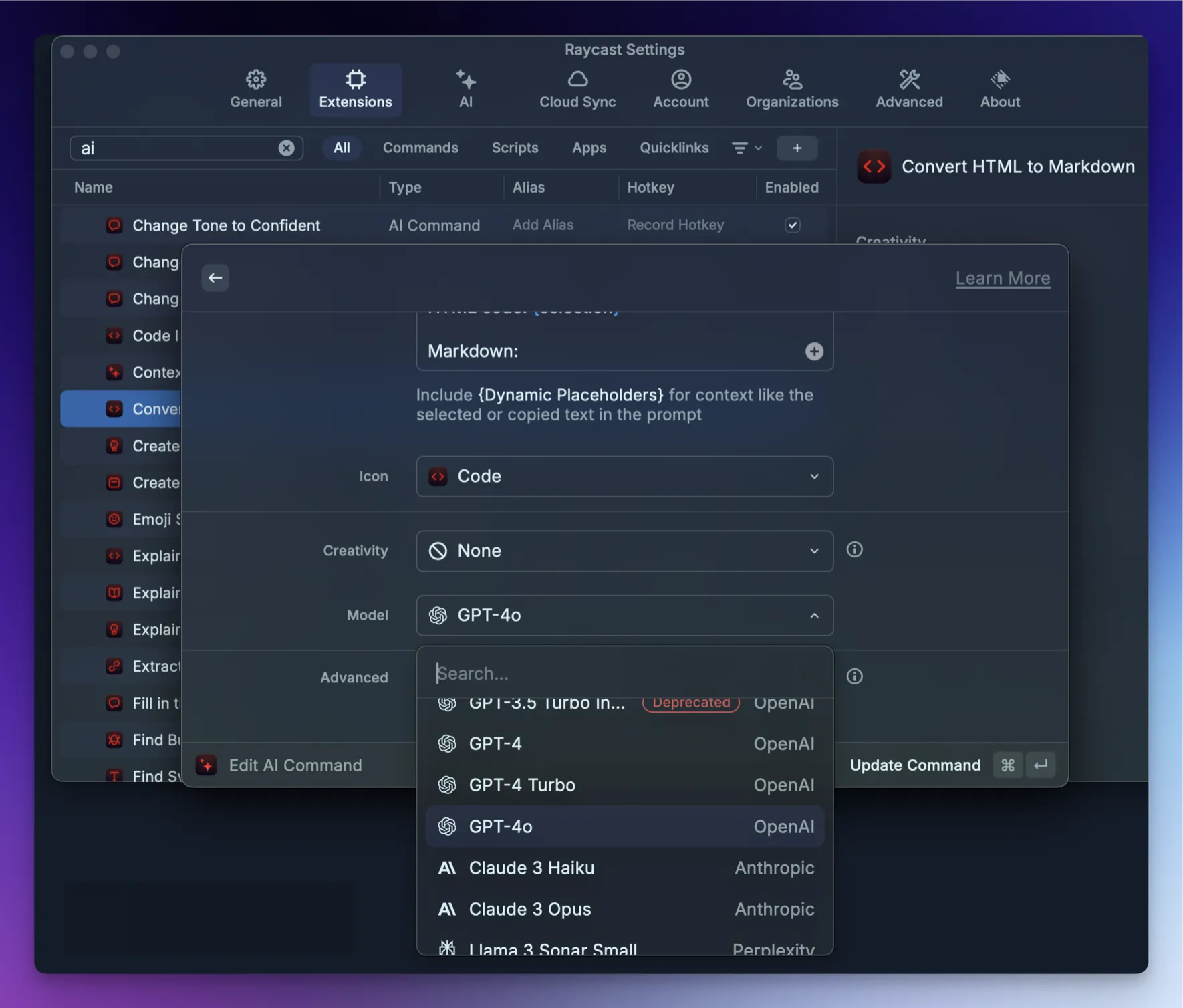 Raycast AI command settings