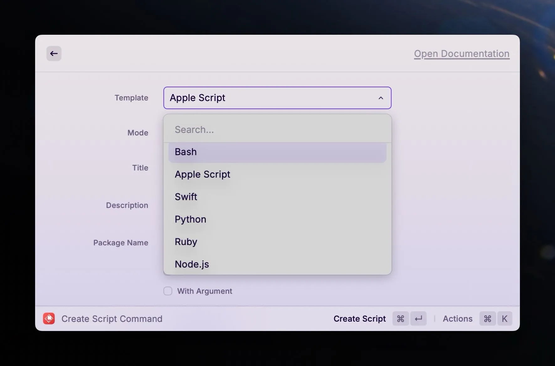 Raycast Create Script Command menu