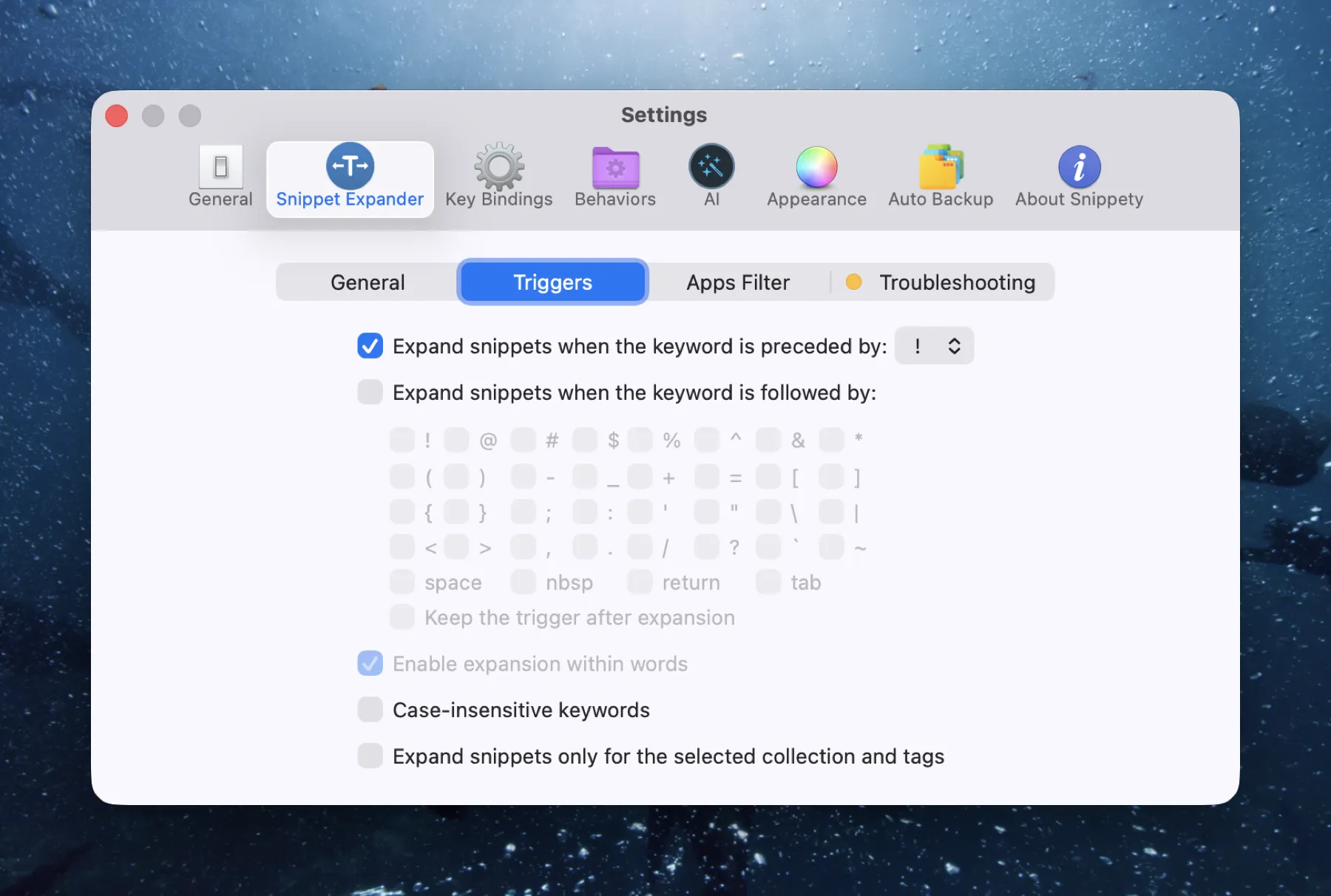 Text Expansion Trigger Setting