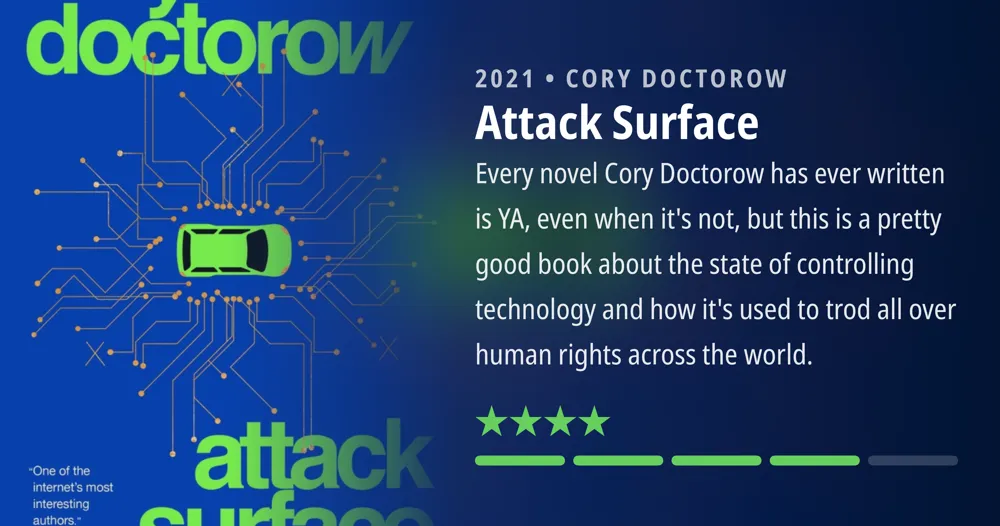 Attack Surface • 2021 • CORY DOCTOROW • Every novel Cory Doctorow has ever written is YA, even when it's not, but this is a pretty good book about the state of controlling technology and how it's used to trod all over human rights across the world. ****