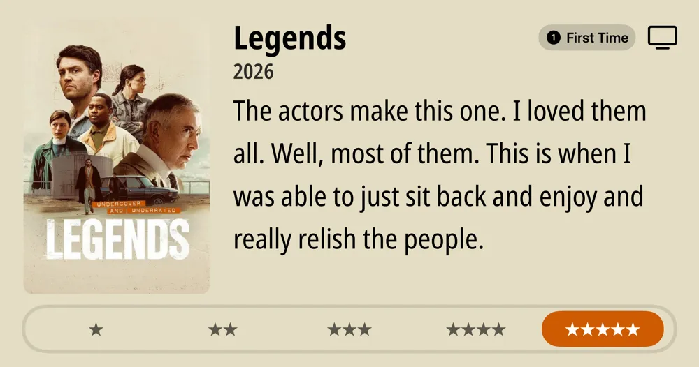 Legends • 2026 • The actors make this one. I loved them all. Well, most of them. This is when I was able to just sit back and enjoy and really relish the people. *****