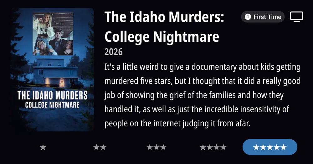The Idaho Murders: College Nightmare • 2026 • It's a little weird to give a documentary about kids getting murdered five stars, but I thought that it did a really good job of showing the grief of the families and how they handled it, as well as just the incredible insensitivity of people on the internet judging it from afar. *****